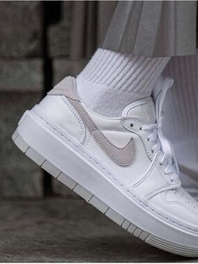 Women’s White Elevate Low AJ1 Sneakers with Light Gray Accent